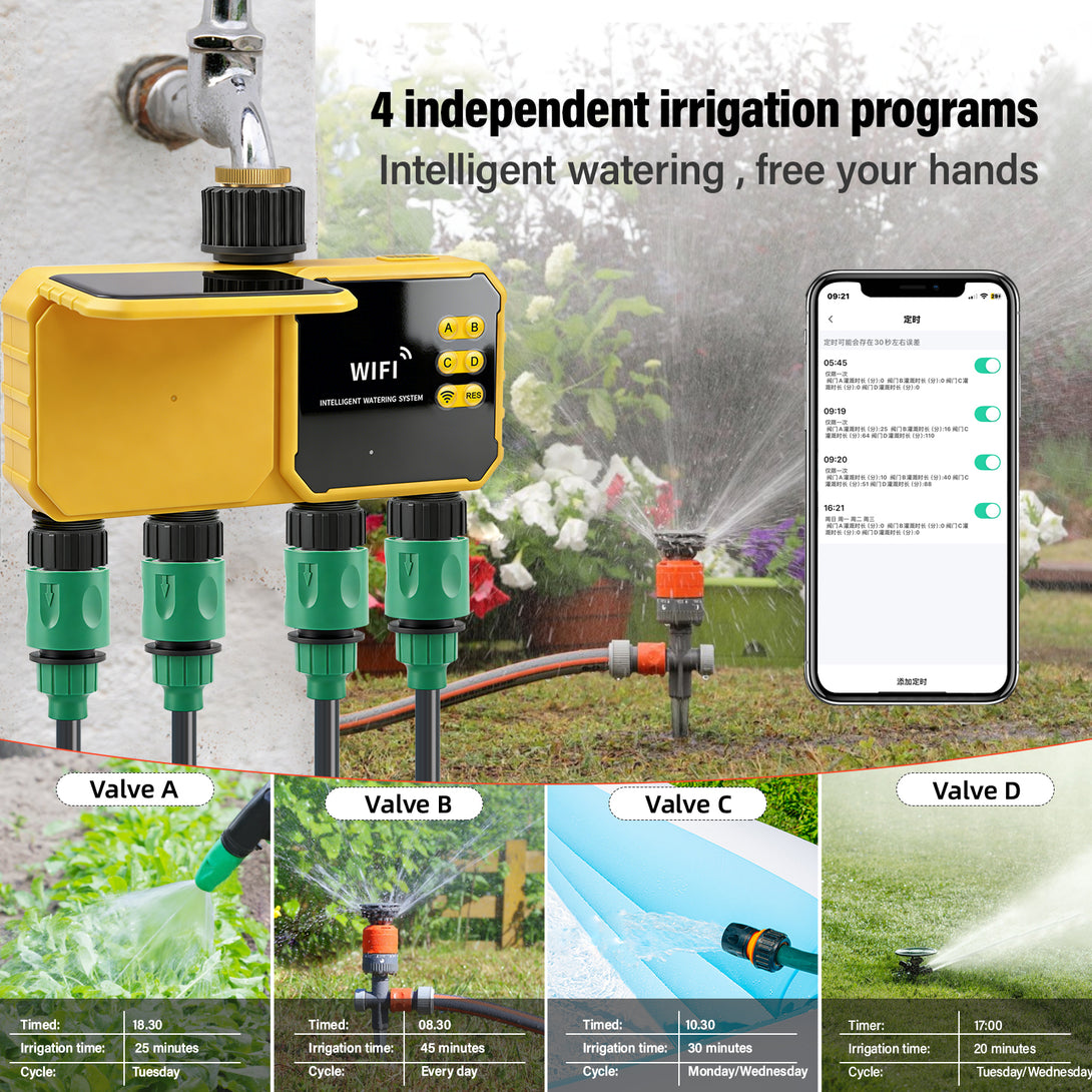 Solar WiFi Smart Water Timer | 4-Zone Automatic Garden Irrigation ...