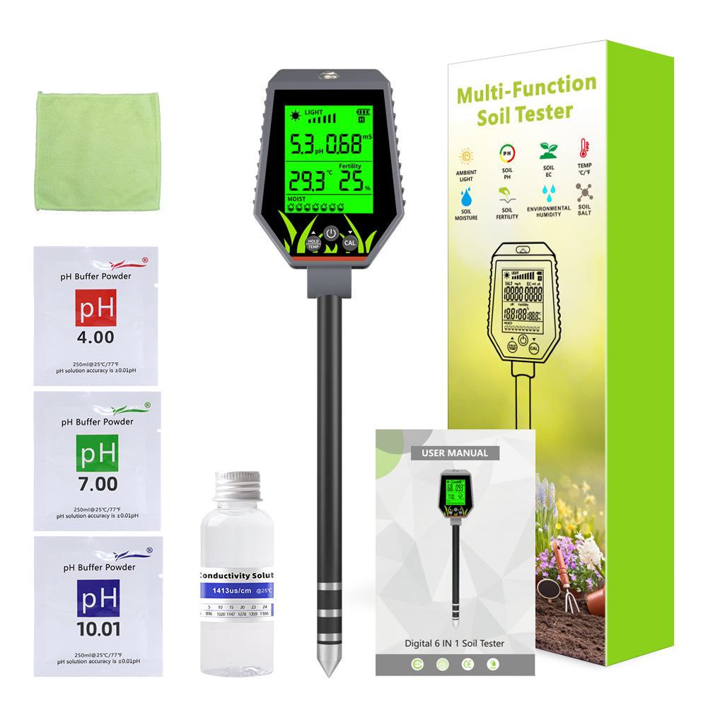 6-in-1 Soil Tester Meter - PH, Moisture, Light, Temperature, Fertility, Air Humidity