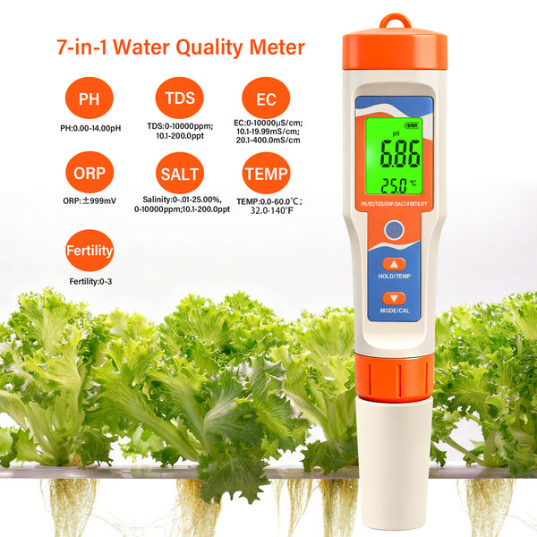 7-in-1 Hydroponic Water Quality Meter – pH, EC, TDS, Salt, Temperature Tester