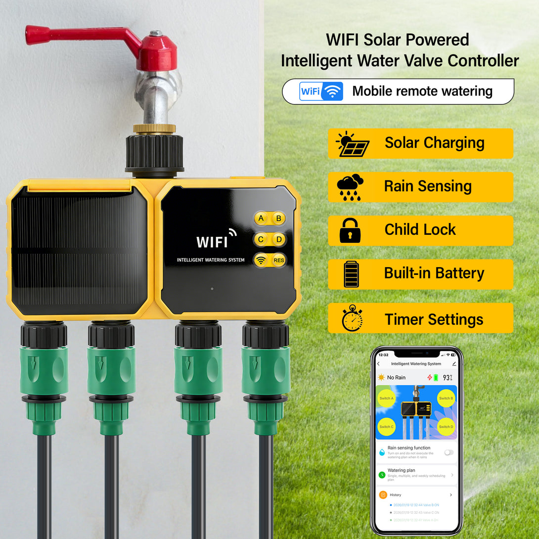 Solar WiFi Smart Water Timer | 4-Zone Automatic Garden Irrigation ...