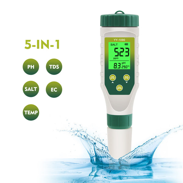 5-in-1 Hydroponics Water Quality Tester pH EC TDS Salinity Temp