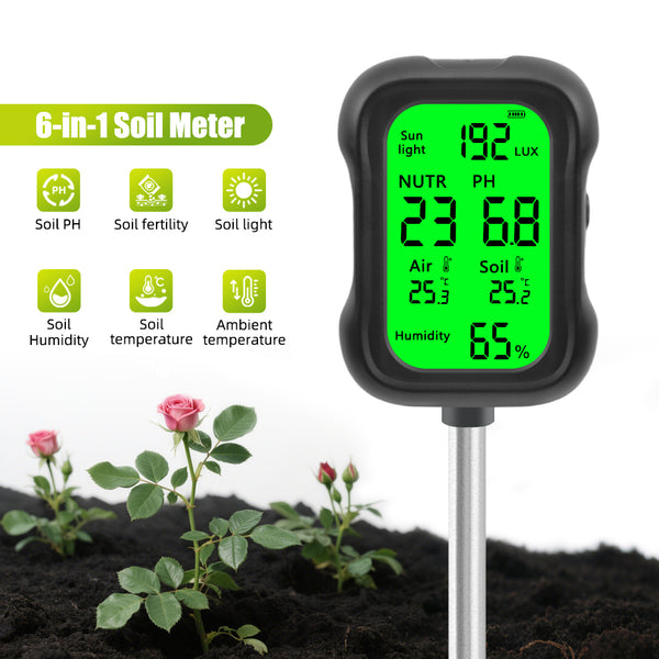 6-in-1 Digital Soil Tester Meter for pH, Moisture & Light Sensor(in lumens)